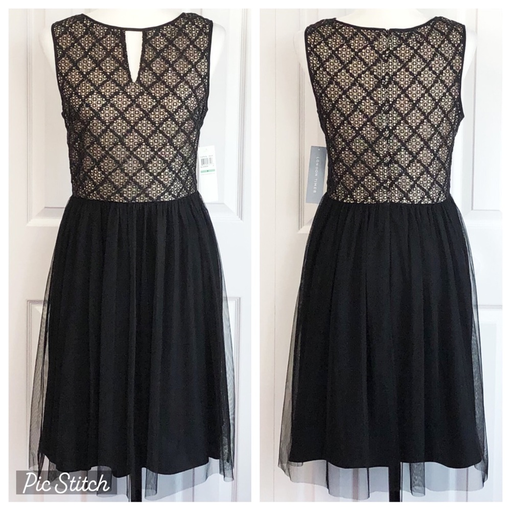 NWT London Times Black & Cream Lace Poofy Tulle Dress Size 8